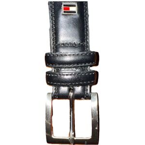 Tommy Hilfiger  belt Black Genuine Leather Men's 32 Waist Handmade Silver Buckle